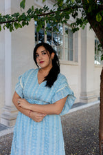 Lightweight blue midi dress with classic feminine silhouette