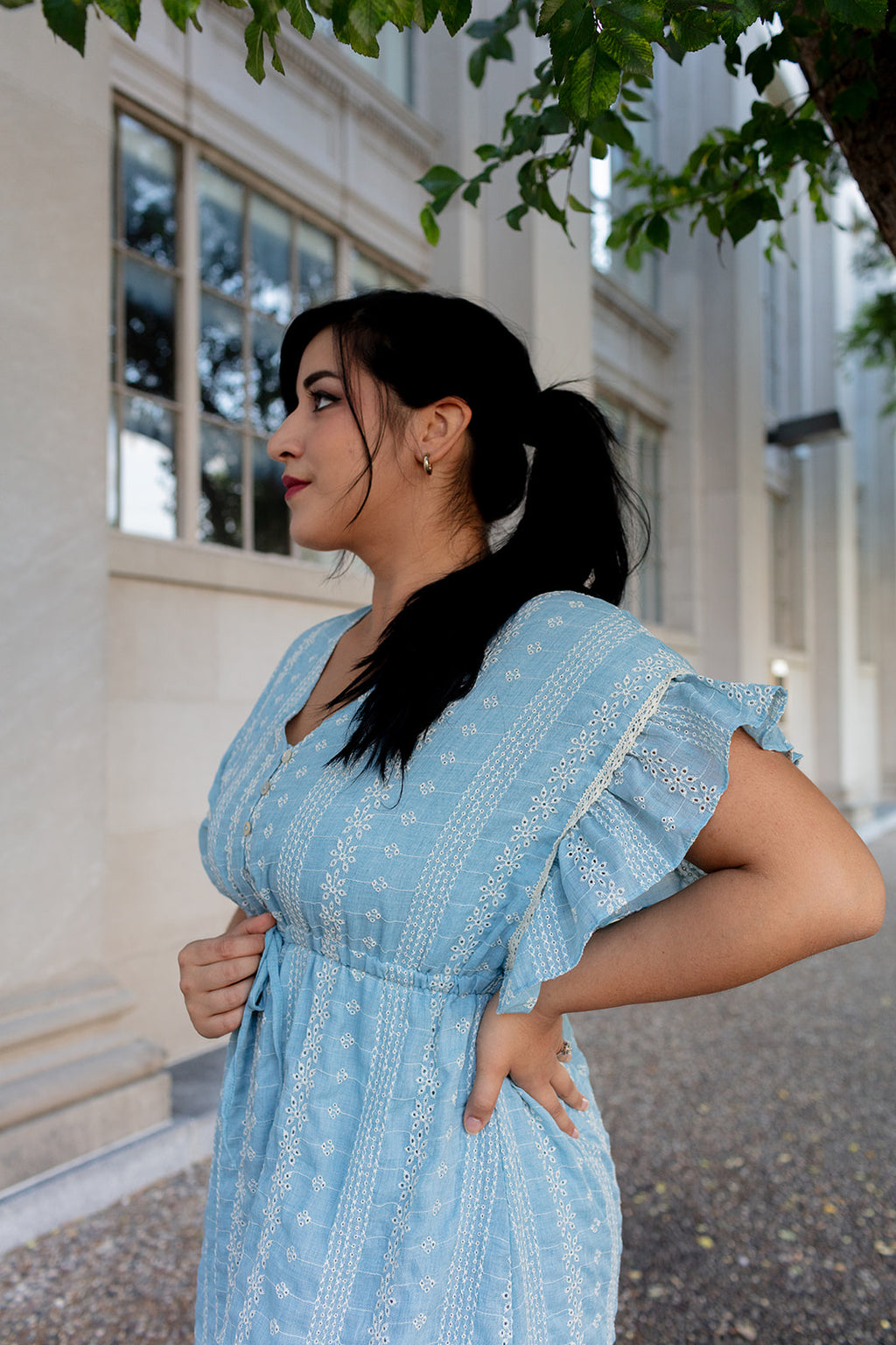 Light blue patterned midi dress for a relaxed summer look