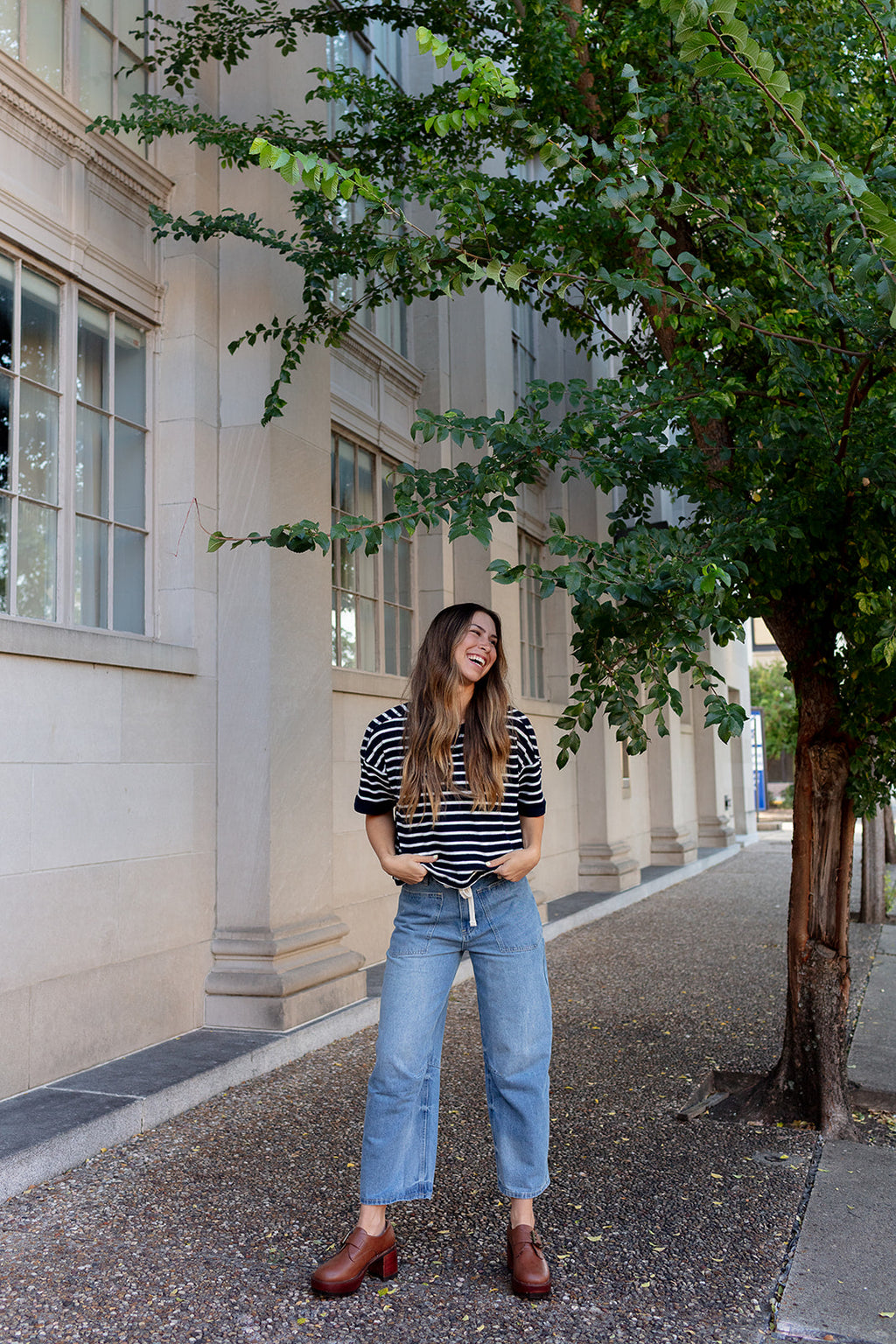 Classic navy and white stripe top with short sleeves