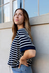 Striped knit tee in navy and white with casual silhouette
