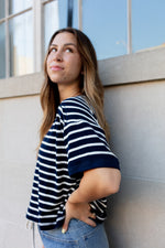 Striped knit tee in navy and white with casual silhouette