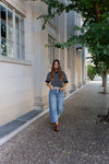 Trendy cropped barrel-leg jeans in light blue wash