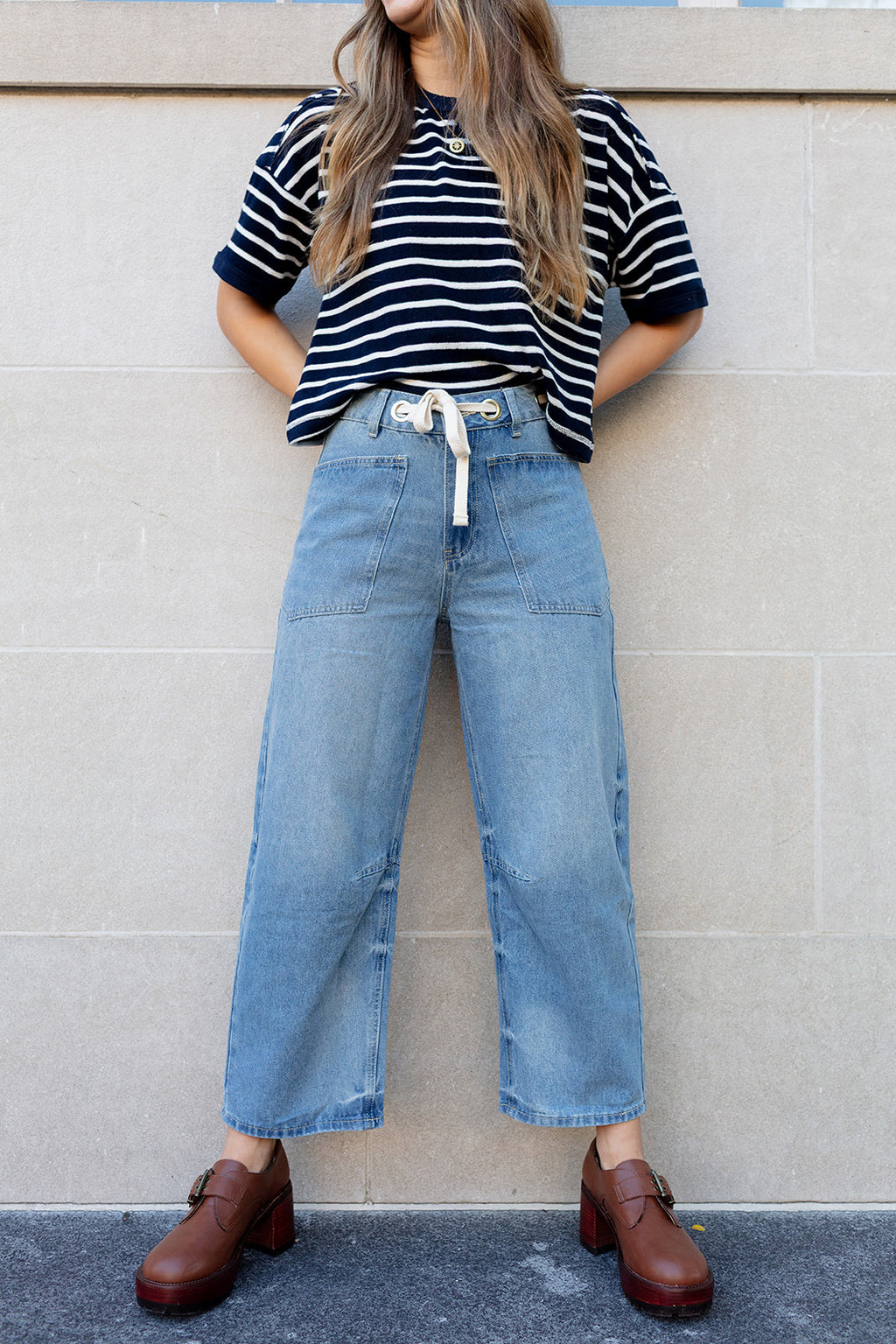 High-waisted barrel-leg denim pants for a relaxed casual look