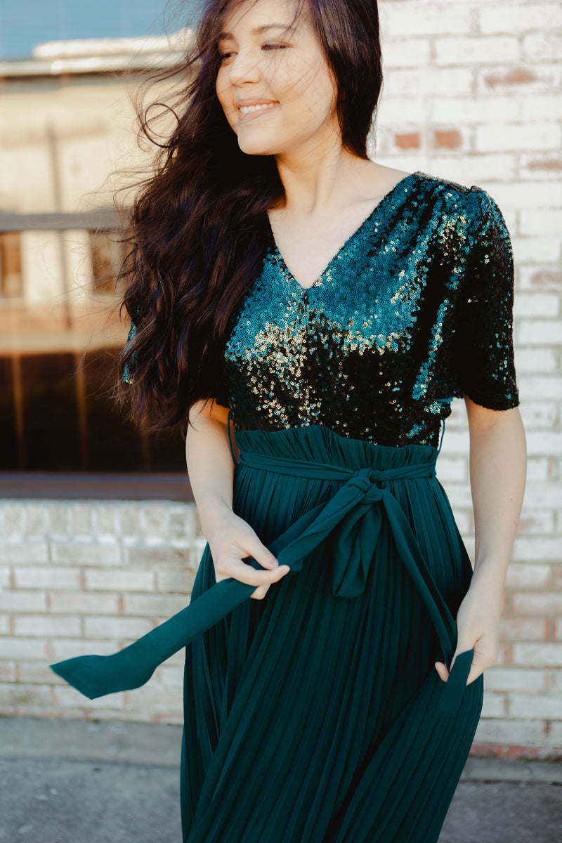 *RESTOCKED* Athena Sequined Dress in Merry Green